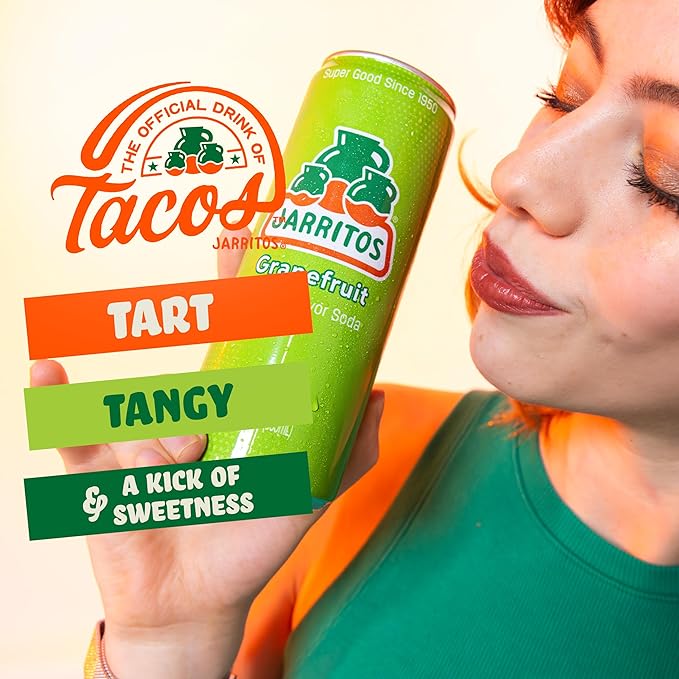 Jarritos - Mexican Soda Soft Drinks, Grapefruit (12 oz, 355ml) 8 Cans (3 Boxes of 8) - Real Cane Sugar - 0g Fat - Made in Mexico - Natural Flavor Soda Pop - Party & BBQ Beverages