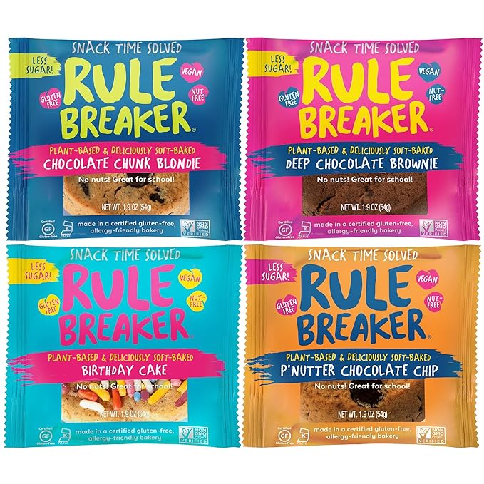 Rule Breaker Vegan & Gluten Free Cookies | Variety Pack Brownie 4 Flavor | Plant-Based, Dairy, Nut, Soy, Allergen Free, Kosher | Soft-Baked School Snacks Cookies for Kids & Adults (Pack of 4)