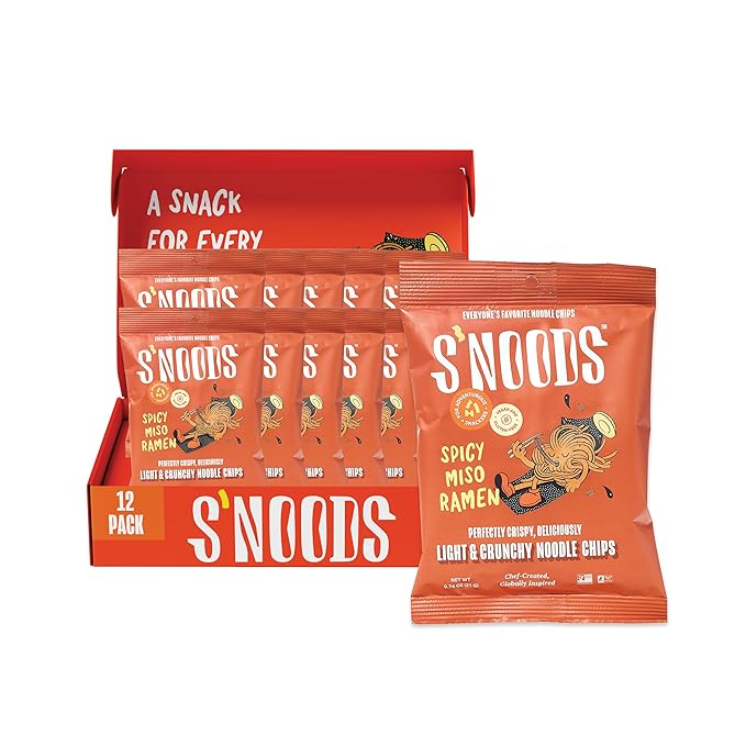 S’NOODS Spicy Miso Ramen Chips - Light & Crunchy Noodle Chips - Plant-Based Protein - Vegan Snacks - Gluten-Free - Perfectly Crispy & Delicious - For Adventurous Snackers - 0.74 oz (12 Pack)