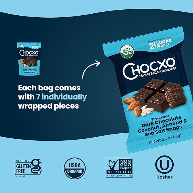 Chocxo Dark Chocolate Coconut Almond & Sea Salt Snaps - Low in Sugar, Organic 85% Cacao, Non-GMO, Keto Certified, Gluten Free & Kosher. No Artificial Sweeteners or Sugar Alcohols, 3.45 oz (Pack of 6)