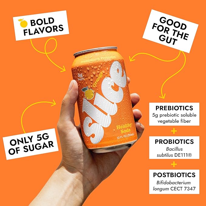 Slice Healthy Soda, Orange, Prebiotic & Probiotic Soda Pop, 5g Fiber, 40 calories, 12 fl oz 12 Pack