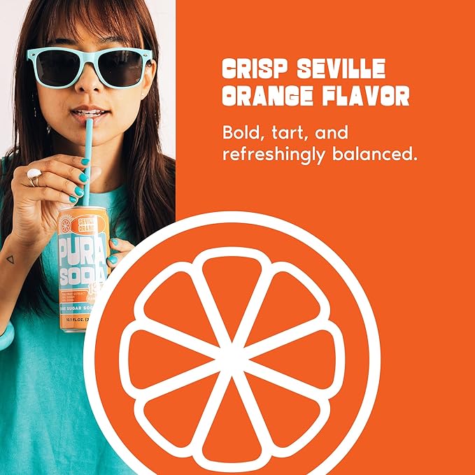 PuraSoda® Seville Orange | Low-Calorie, Cane Sugar Soda, Beverage | Non-GMO, Vegan | Made with Pure Cane Sugar, Clean & Refreshing | 10.1 fl oz (300ml) Cans, Pack of 24