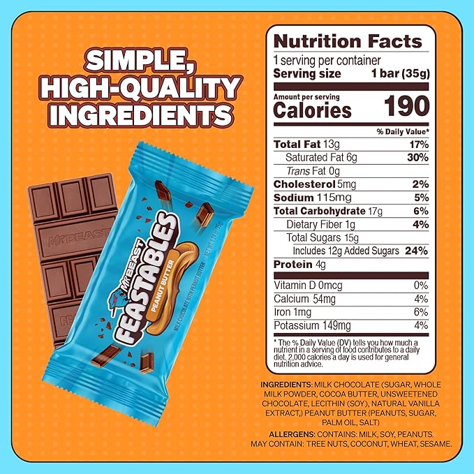 Feastables MrBeast Peanut Butter Milk Chocolate Chocolate Bar, Full Size Bar for Adults & Kids, Candy Bars, Snacks, Gifts, & Dessert, Fairtrade Cocoa, 1.24 Oz Each, 24 Count