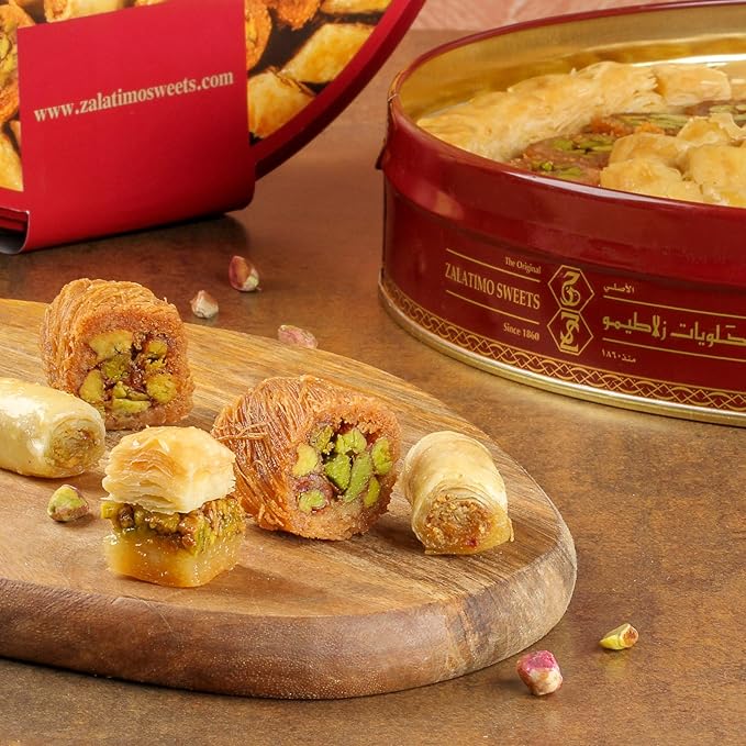 Zalatimo Sweets Middle Eastern Baklava Assortment with Pistachio, Walnut & Cashew, 2.2 lb Tin
