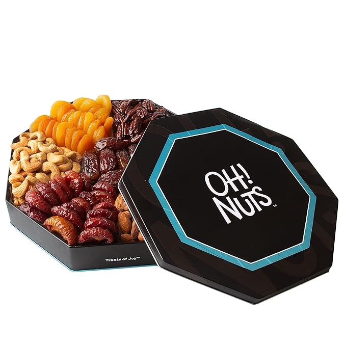Oh! Nuts 7 Section Dried Fruits and Nuts Gift Basket - Gourmet Assorted Fruit & Nut Gifts Baskets - Healthy Food Hexagon Metal Tin Box - Festive Gifts for Holiday, Birthday, Corporate Women & Men