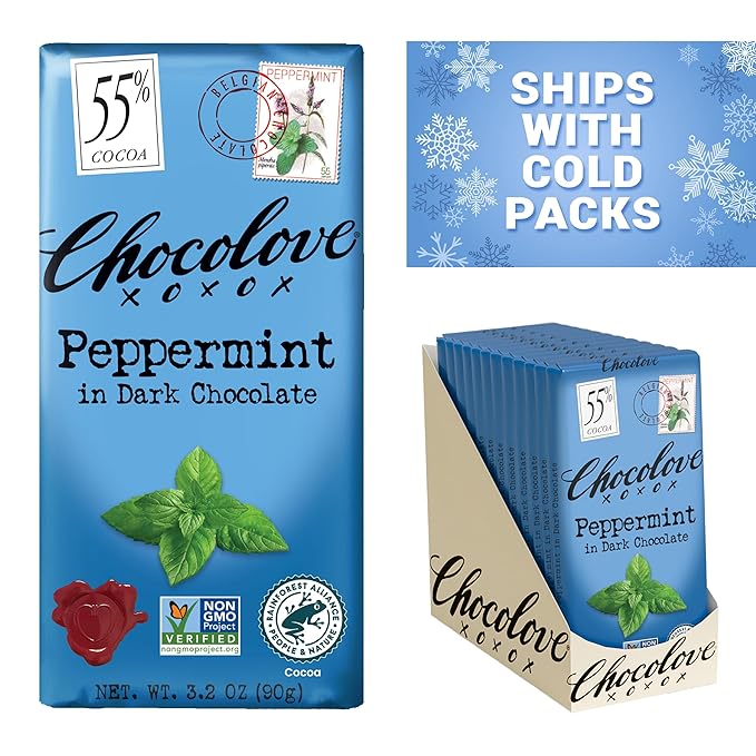 Chocolove Peppermint Dark Chocolate Bars | 55% Cocoa | Crafted in Semi-sweet Belgian Chocolate | Non GMO, Rainforest Alliance Certified, 3.2oz Bar (12 Pack)