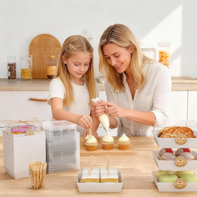 EffiQ-Rate 50 Pack Charcuterie Boxes with Clear Lids - To Go Paper Mini Charcuterie Box,Disposable Food Containers,White Dessert Boxes for Sandwich,Cookie,Sushi-Includes Strings,Stickers,and 100 Forks