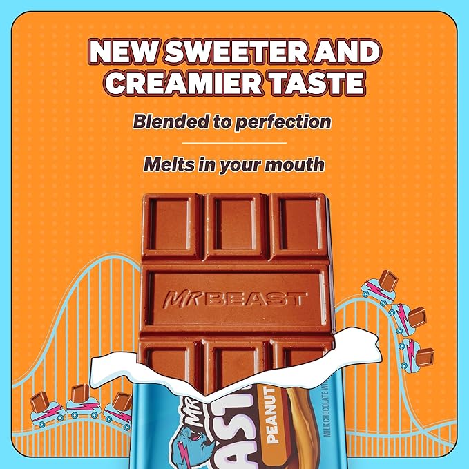 Feastables MrBeast Peanut Butter Milk Chocolate Chocolate Bar, Full Size Bar for Adults & Kids, Candy Bars, Snacks, Gifts, & Dessert, Fairtrade Cocoa, 1.24 Oz Each, 24 Count