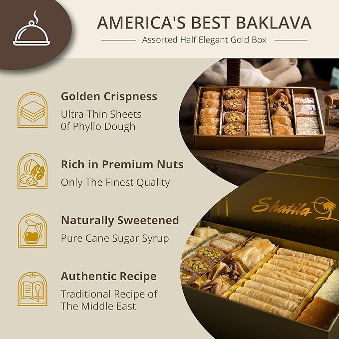 Shatila Food Products Half Elegant Gold Box Baklawa, Assorted Baklava Pastry Gift, Mediterranean Sweets Arabic Desserts, 28-Pieces