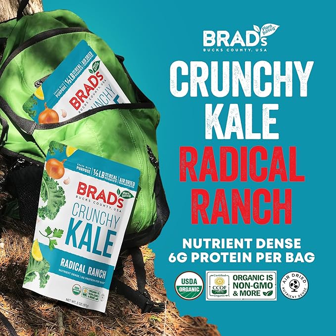 Brad’s Plant-Based - Organic Crunchy Kale Chips - Healthy Snack with Sea Salt - High in Plant-Based Protein & Fiber - Low Carb, Organic Veggie Chips - Radical Ranch - 2 Oz (Pack of 3)