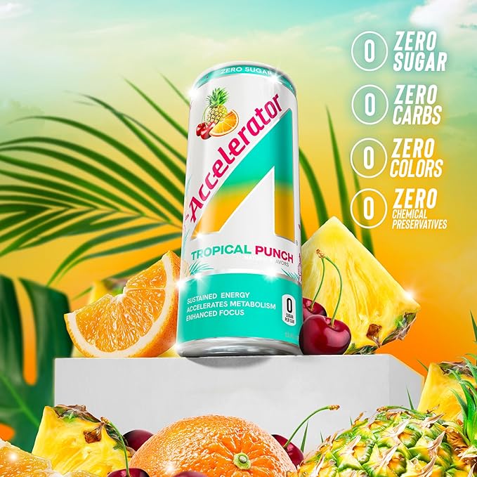 Accelerator Energy Drink, Tropical Punch, 12oz can (12 pack), Zero Sugar, Sustained Energy from 100% Natural Caffeine (200mg from Green Coffee Bean & Green Tea extract)