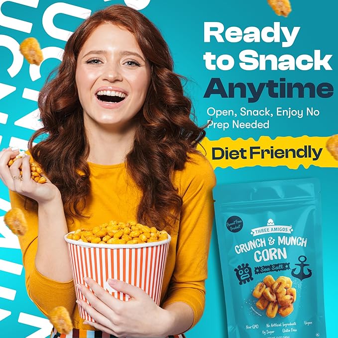 Three Amigos Corn Nuts Suger Free, 100% Vagan, Peanut Free Non-GMO (All Natural Ingredients) Guilt-Free snacking Toasted Corn Kernels in Reseable Bag - Crunchy & Munch Snack (12 OZ) (12 oz, Sea Salt)