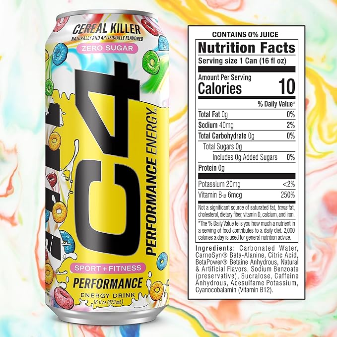 Cellucor C4 Energy Carbonated Zero Sugar Energy Drink, Pre Workout Drink + Beta Alanine, Cereal Killer, 16 Fl Oz Can (Pack of 12)