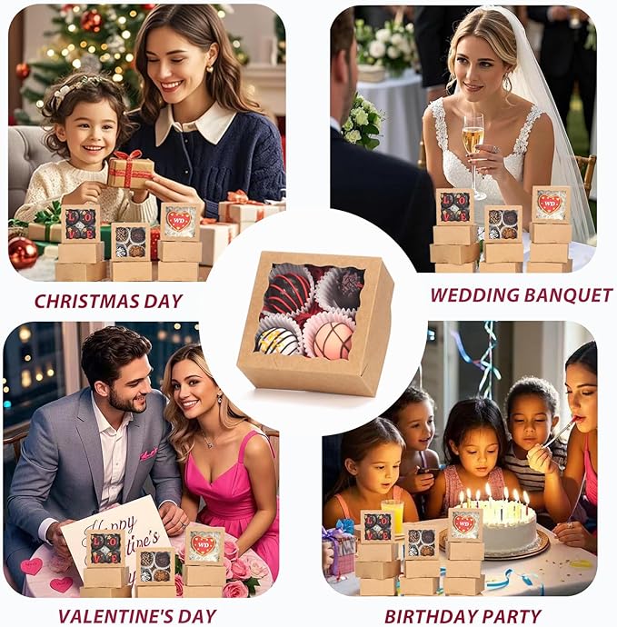 JCXGRVC 50 Pack Cookie Boxes with Window 4x4x2 Inch,Bakery Boxes, Chocolates Strawberries,Treat Boxes, Mini Cake Boxes, Pastry Dessert Boxes for Candy, Cupcakes- Brown Paper