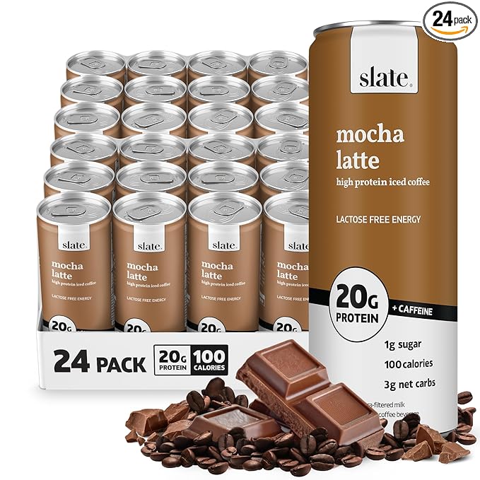 Slate Milk - High Protein Iced Coffee - Mocha Latte - 175mg Caffeine, Lactose Free Energy - 20g Protein, 1g Sugar, 110 Calories, 3g Net Carbs, No Sugar Added - Protein Coffee - 11 fl oz, 24 Cans