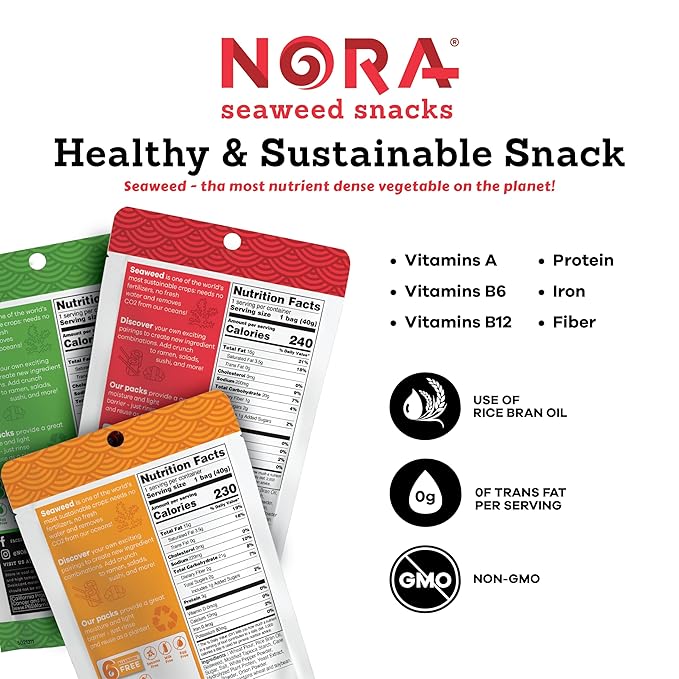 Crispy Seaweed Snacks by Nora | Asian Snacks | Taster's Variety Pack | Low-Sugar, Vegan, Non-GMO Verified | 6-Pack