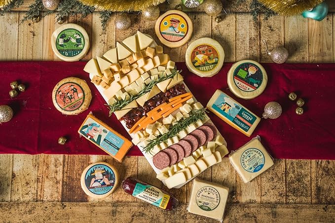 Cheese Bros. Deluxe "Best Gifts are Cheesy" Gift Box | Fresh from Wisconsin | Includes Goudas, Dill Havarti, Italian Fratello, Aged Cheddar, Jam, Summer Sausage | Gfiting for Christmas and Hannukah