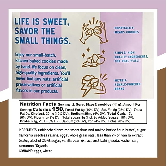 Bell's Reines Oatmeal Raisin Cookies, Soft Gourmet Small Batch, Healthy Snacks, Bakery Fresh 4 Cookie Snack Packs. 3-Pack