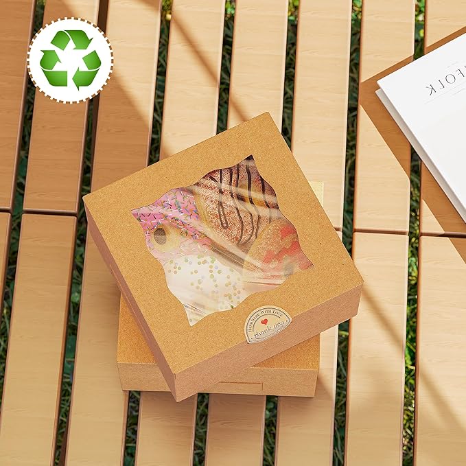 EffiQ-Rate 50 Pack Cookie Boxes with Window, 6x6x3 Inches Bakery Boxes, Pastry Boxes for Cookies, Pastries, Desserts, Cakes, Donuts, Macarons, with 50 Stickers and 5 Bundles of Twine