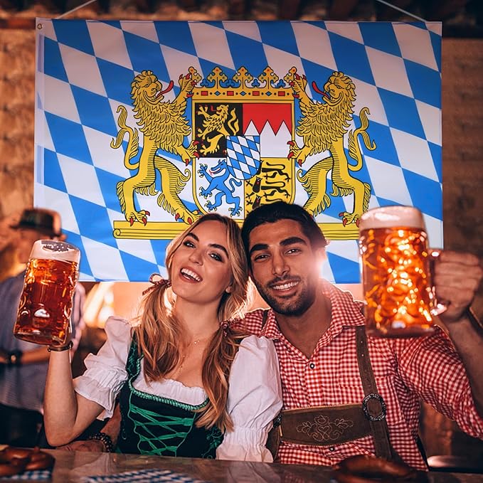 AhfuLife 2 Pcs Oktoberfest Flag 3x5 Ft for Oktoberfest Decorations, Bavarian German Flag - Double Sided with Brass Eyelets for Beer Tent, Bar Club Indoor Outdoor Autumn Decorations
