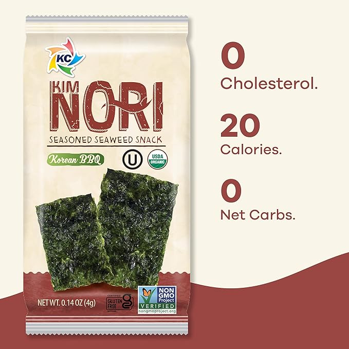 KIMNORI Seasoned Seaweed Snacks Sheets – Organic Korean BBQ Flavor, 12 Individual Packs, Roasted Crispy Premium 100% Natural Laver Kim Nori, 4g 0.14 Ounce