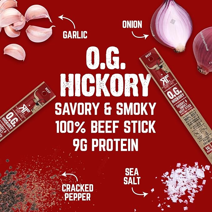Righteous Felon Meat Sticks | 100% Grass Fed Beef | Keto, Gluten-Free, Low Sugar, High Protein Healthy Snacks | Valentines Day Jerky Gifts for Men | OG Hickory Beef Sticks, 24 Count