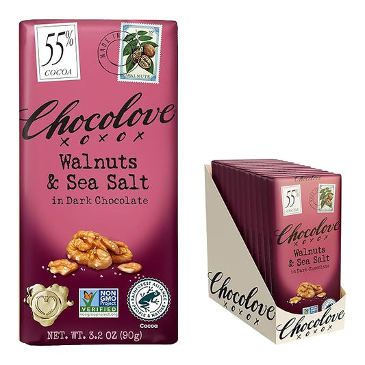 Chocolove Walnuts & Sea Salt Dark Chocolate Bars | 55% Cocoa | Crunchy Walnuts with a Salty Twist | Premium Dark Chocolate | Non-GMO, Gluten-Free, 3.2 oz Bar (12 Pack)