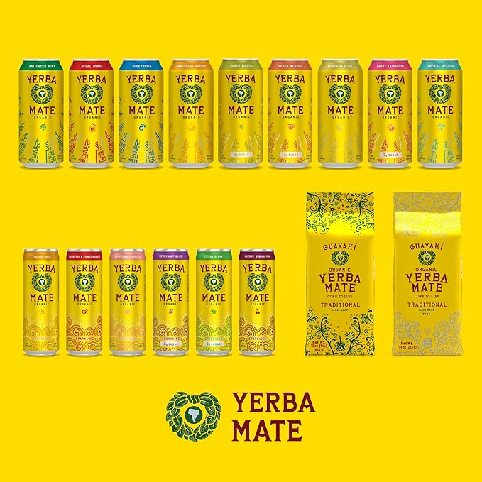 Yerba Madre Organic Yerba Mate, Energy Drink Alternative, Bravo Mango, Low Sugar, 150mg Natural Caffeine, Better for You Energy & Focus, No Jitters or Crash, 15.5 Oz (Pack of 12)