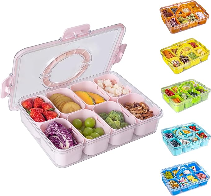 Divided Snack Serving Tray with Lid and Handle Travel Snackle Charcuterie Container Portable Storage Organizer for Candy, Fruits, Nuts, Snacks, Party, Picnic (1pack, Pink)