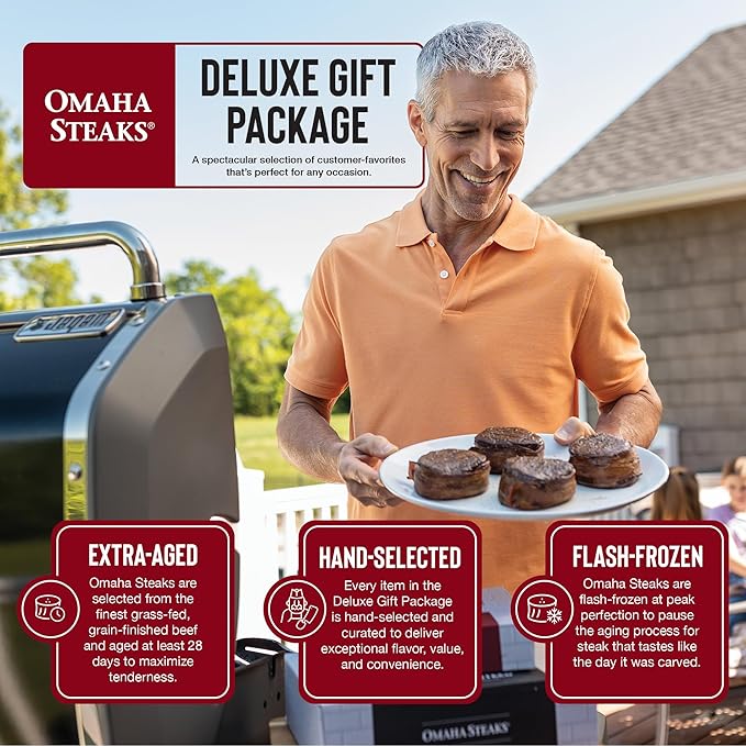 Omaha Steaks Deluxe Package, Gift-Ready or Stock Up, 21 items, 12 entrees - 4 Bacon-Wrapped Filet Mignons, 4 Steak Burgers, 4 Gourmet Jumbo Franks, 4 Au Gratin Potatoes, 4 Caramel Apple Tartlets, 1 jar Omaha Steaks Seasoning