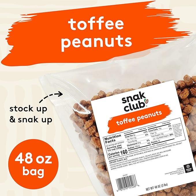 Snak Club Toffee Peanuts, Candied Peanuts with Praline Coat and Sweet Cream, Gluten-Free and Kosher Snack, 3 lb Resealable Bulk Bag