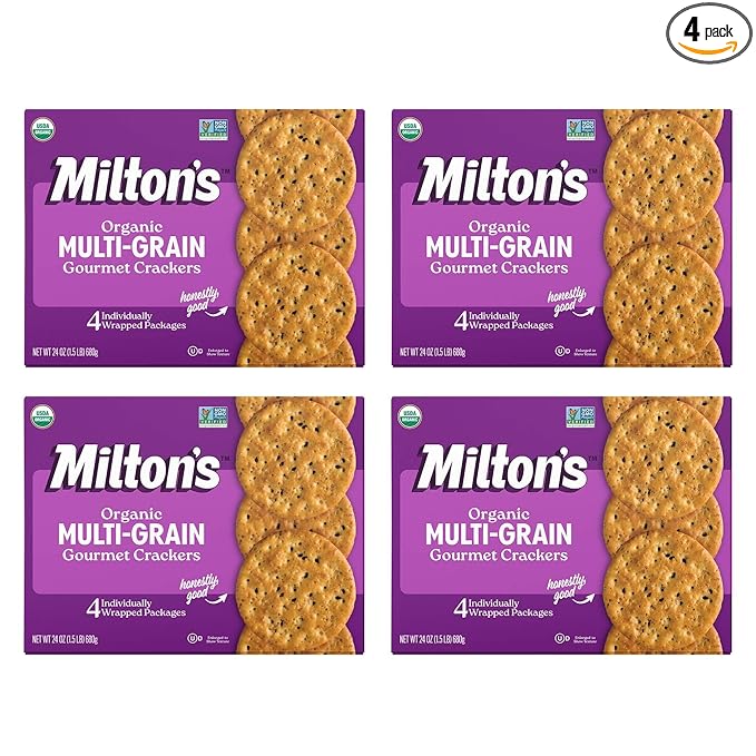 Milton's Organic Crackers, Multi-Grain - Certified Organic, Non-GMO Project Verified, Kosher, Made With 4 Whole Grains & 3 Seeds, Great for Charcuterie Boards - 24 Oz, Pack of 4