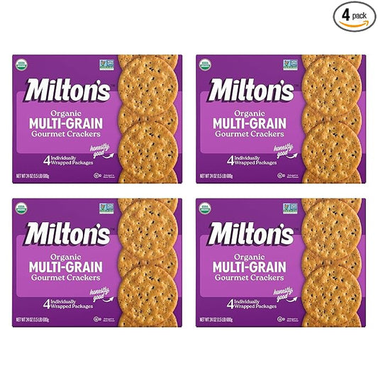 Milton's Organic Crackers, Multi-Grain - Certified Organic, Non-GMO Project Verified, Kosher, Made With 4 Whole Grains & 3 Seeds, Great for Charcuterie Boards - 24 Oz, Pack of 4