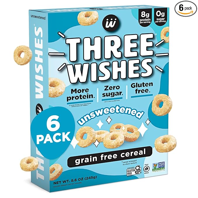 Three Wishes Grain-Free & Protein Cereal - Healthy, Sugar-Free & Gluten-Free Breakfast Cereal - Low Carb, Plant-Based, Vegan & Non-GMO - Unsweetened, 6-Pack