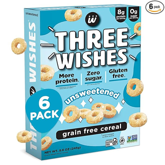 Three Wishes Grain-Free & Protein Cereal - Healthy, Sugar-Free & Gluten-Free Breakfast Cereal - Low Carb, Plant-Based, Vegan & Non-GMO - Unsweetened, 6-Pack