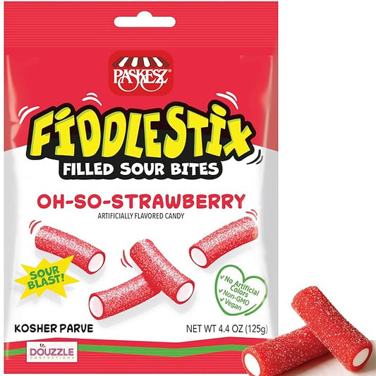 DOUzzle Valentines Day Sweet Treats, Fiddlestix Filled Sour Bites, Fruity Mix Chewy Licorice Candy (Pack of 1) No Artificial Flavors or Colors, Non-GMO, Vegan - Kosher Parve