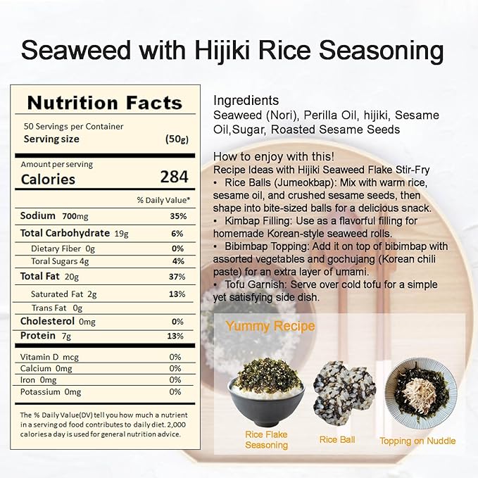 Sookwang Korean Premium Seaweed and Hijiki Flake K-food Snack, Mildly Sweet and Nutty flavor, Easy to Make Simple Meal for Camping, Travel, School Lunch, Drinking snacks, Appetizers_1.76 oz (50g)
