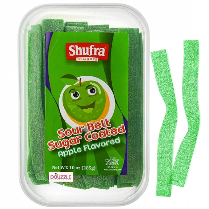 DOUzzle Valentines Day Sweet Treats, Sour Belts Chewy Candy Strips Green Apple Sour Belts (10 OZ - Pack of 1) Goodie Bag Stuffer, Pinata Filler - Kosher Parve