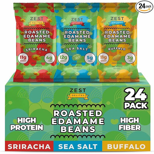 Crunchy Dry Roasted Edamame Beans Snack by Zest Delites, Sea Salt - Sriracha - Buffalo, Vegan, Low Calorie High Protein Snacks, Low Carb, Keto, 0.9 oz 24 Packs