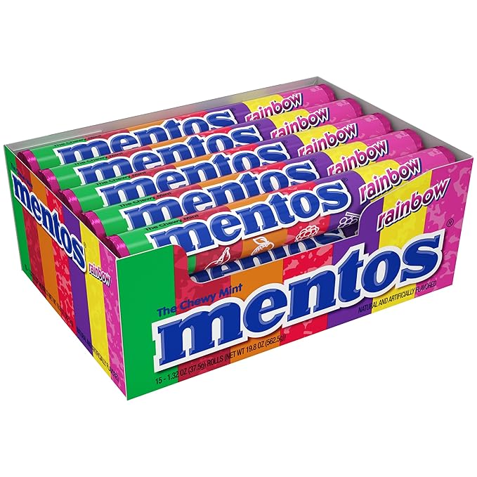 Mentos Chewy Mint Candy Roll, Rainbow Mint Candies, 14 Pieces Per Roll, 15 Count Party Pack