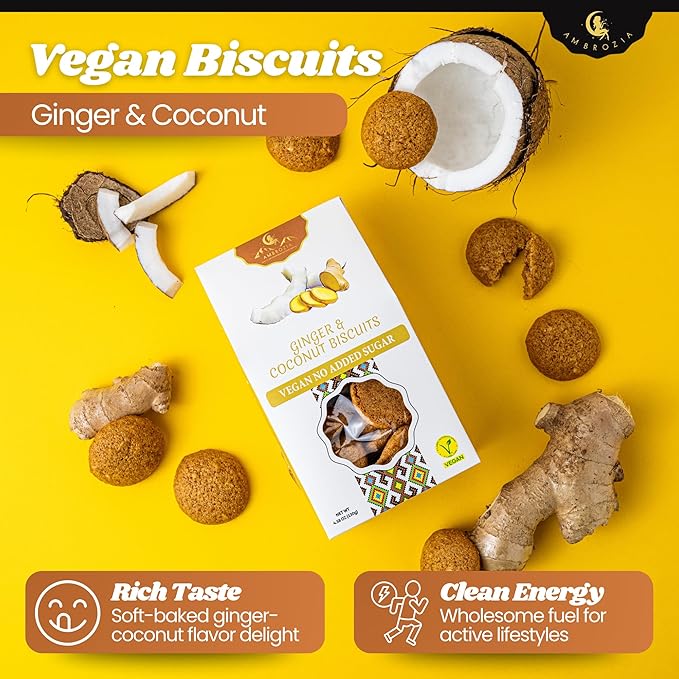 Ambrozia Vegan Snack Biscuits – Ginger & Coconut - Soft Baked, No Added Sugar, Clean Label, High Fiber & Wholesome Ingredients, Kid-Friendly, Healthy Snacks for Active Lifestyles, 4 x 4.58 Oz