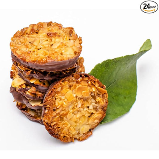Andy Anand Dark Chocolate Florentines 24 pcs Orange and Almonds Cookies, Wafer Thin, Flown in from Italy, Made in Authentic Traditional Italian way, Taste in Every Bite (7.0 oz)