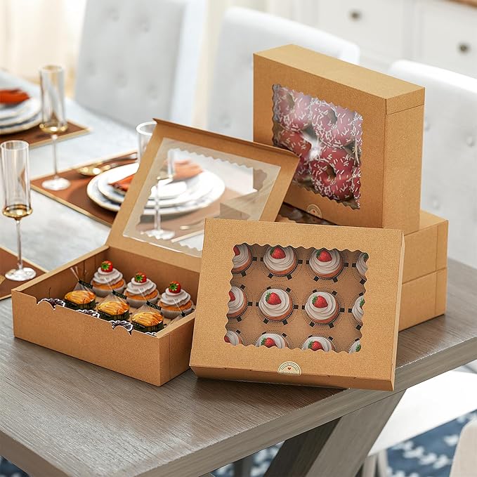 EffiQ-Rate 50 PCS Cupcake Boxes, 12-Count Cupcake Containers with Window, Brown Pastry Boxes with Inner Tray & 50 Stickers for Dessert, Party, Birthday, Holiday (12.8x9.84x3.54 Inch)