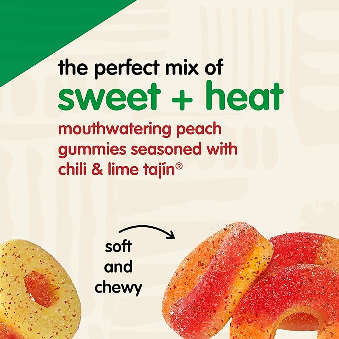 Snak Club Tajin Peach Rings Gummy Candy, Fruit Candy Gummies with Chili and Lime Seasoning, Mild, Gluten-Free and Vegan Snacks, 5 oz Resealable Bags, 6 Pack
