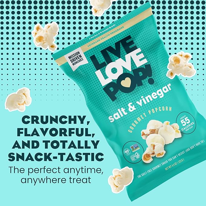 Live Love Pop Salt and Vinegar Flavored Gourmet Popcorn, 4.4 Oz (Pack of 6), Healthy Snack, Gluten Free, Vegan & Non-GMO, Mission Driven Munchies