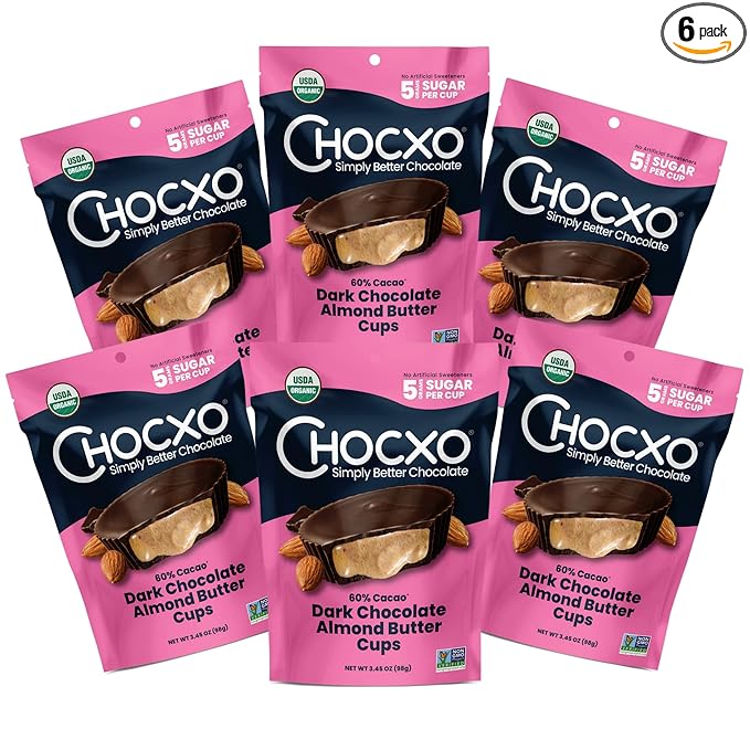 Chocxo Dark Chocolate Almond Butter Cups - Lower Sugar, Organic, NonGMO, Keto, Gluten Free, Kosher. 60% Cacao, No Artificial Sweeteners/Sugar Alcohols, 3.45 oz (Pack of 6)