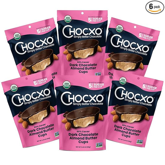 Chocxo Dark Chocolate Almond Butter Cups - Lower Sugar, Organic, NonGMO, Keto, Gluten Free, Kosher. 60% Cacao, No Artificial Sweeteners/Sugar Alcohols, 3.45 oz (Pack of 6)