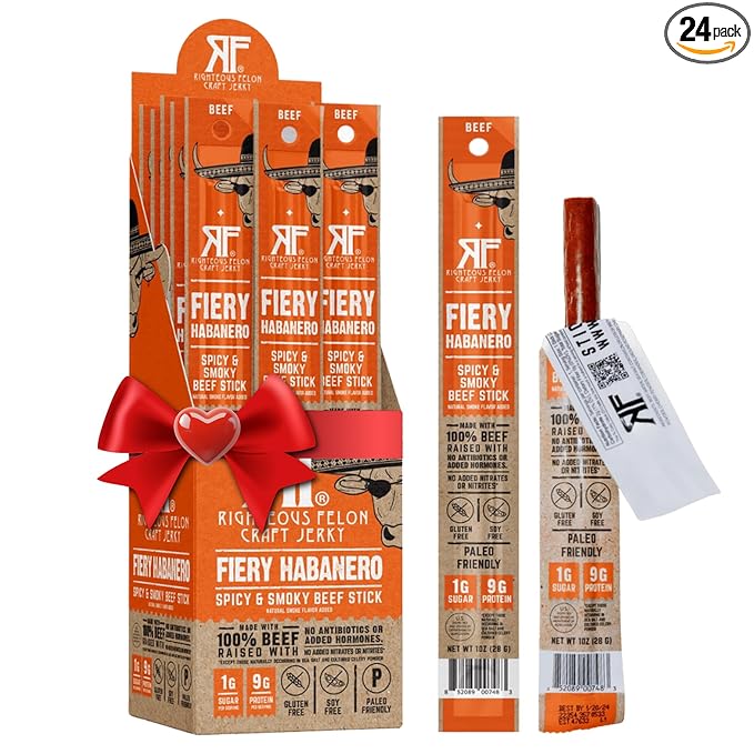 Righteous Felon Meat Sticks | 100% Grass Fed Beef | Keto, Gluten-Free, Low Sugar, High Protein Healthy Snacks | Valentines Day Jerky Gifts for Men | Fiery Habanero Beef Sticks, 24 Count
