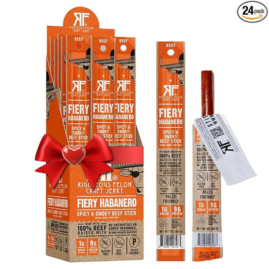 Righteous Felon Meat Sticks | 100% Grass Fed Beef | Keto, Gluten-Free, Low Sugar, High Protein Healthy Snacks | Valentines Day Jerky Gifts for Men | Fiery Habanero Beef Sticks, 24 Count