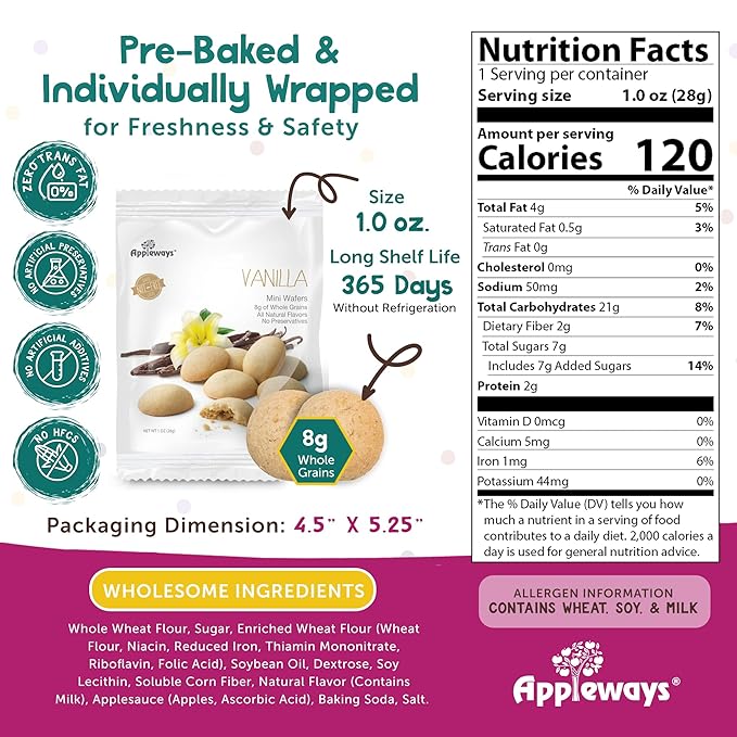 Appleways Mini Vanilla Wafers Cookies, 1.0 Oz Each, 108 Count, Vanilla Wafers Individual Packs, Nut-Free Mini Cookies, All-Natural Whole Grain Snack, Made in USA